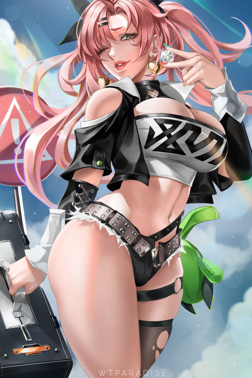 1girl absurdres bangboo_(zenless_zone_zero) bare_shoulders black_shorts blue_sky breasts cleavage clothing_cutout coin commentary cowboy_shot earrings hair_ornament hairclip heart heart_earrings highres jewelry large_breasts long_hair long_sleeves micro_shorts midriff navel nicole_demara parted_lips pink_hair pink_lips shorts shoulder_cutout sky solo standing stomach strapless thigh_strap thighs tube_top very_long_hair wtparadise zenless_zone_zero
