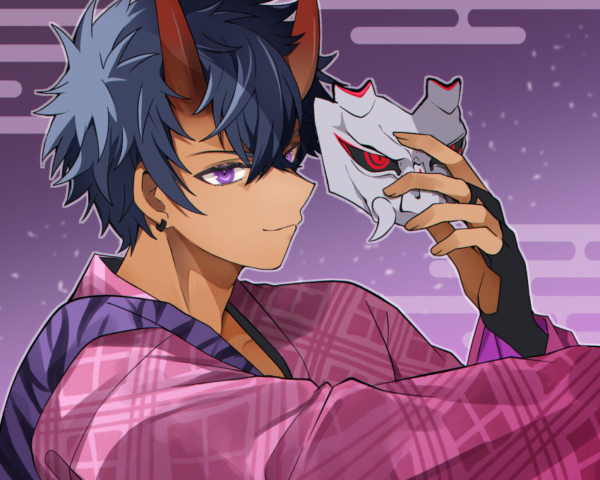 1boy black_gloves blue_hair closed_mouth commentary_request dark-skinned_male dark_skin demon_boy earrings eco_(comochz) egasumi fingerless_gloves gloves hair_between_eyes hand_up highres holding holding_mask horns japanese_clothes jewelry kai_(rune_factory) looking_at_viewer male_focus mask oni outline purple_background purple_eyes rune_factory rune_factory:_guardians_of_azuma short_hair smile solo unworn_mask upper_body