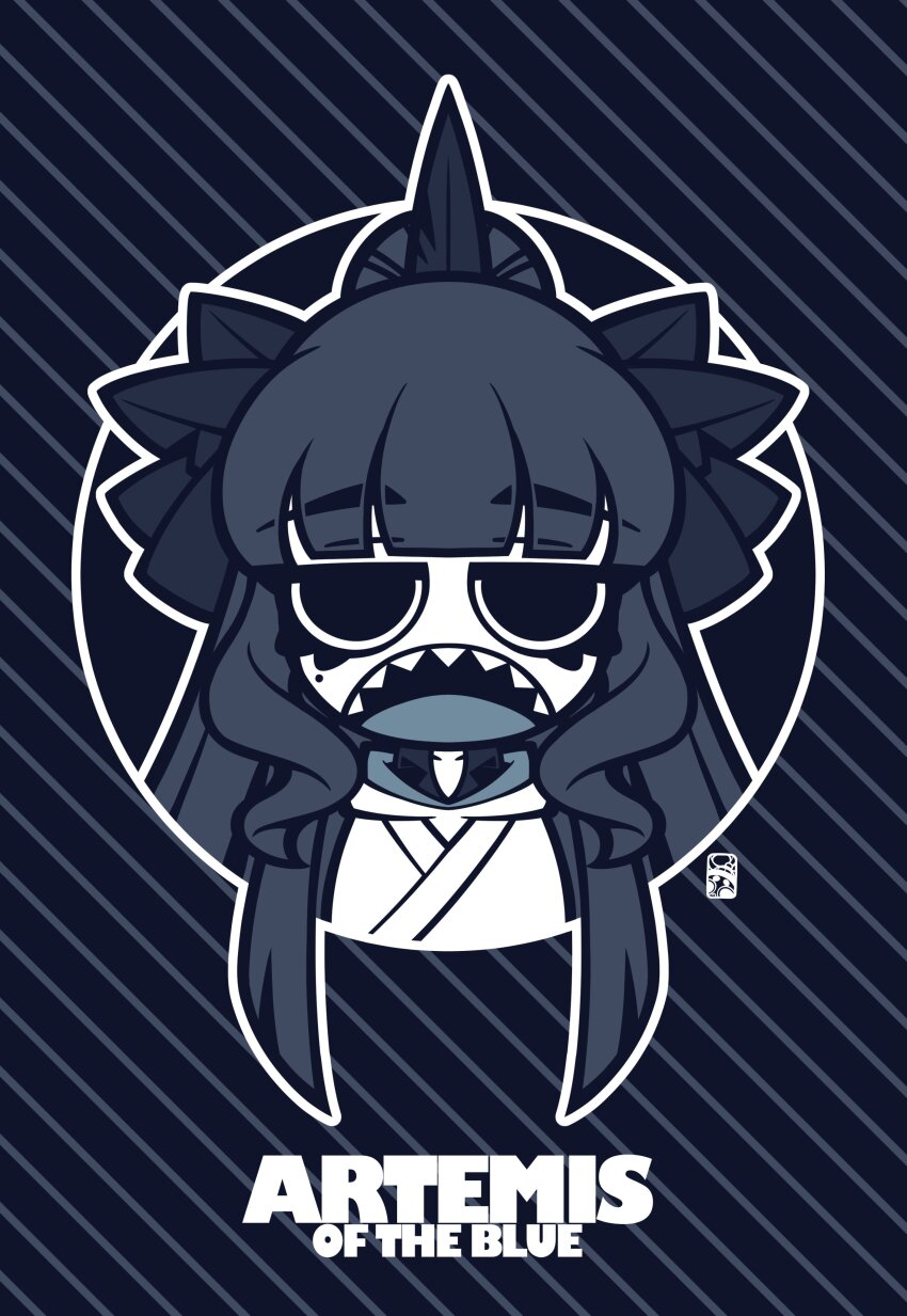 1girl absurdres arang_(arang0220) artemis_of_the_blue artist_name atelier_live blue_tongue colored_tongue commentary highres hood hood_down hoodie mole mole_under_eye ponytail shark_fin shark_girl sharp_teeth solo straight-on teeth virtual_youtuber wavy_sidelocks white_hoodie