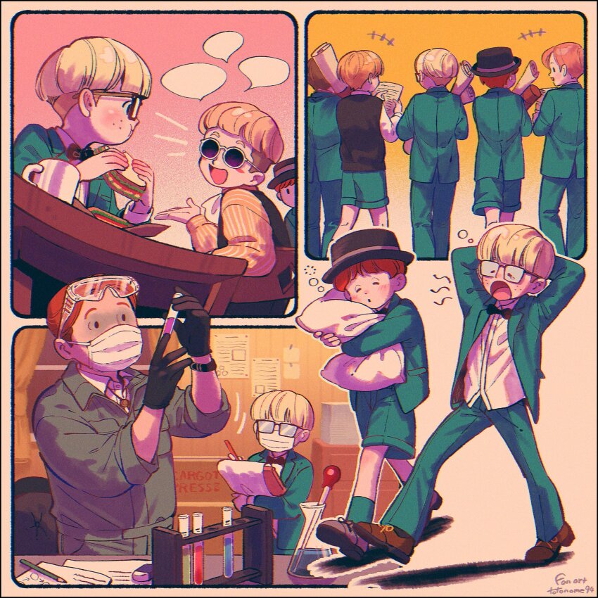6+boys black_border black_gloves black_hat blank_speech_bubble blonde_hair blue_jacket blue_pants blue_shorts border bowl_cut brown_footwear clipboard commentary_request cup eating food freckles glasses gloves hat highres holding holding_food jacket jeff_andonuts kwsby_124 male_focus mask mother_(series) mother_2 mouth_mask mug multiple_boys multiple_views nintendo opaque_glasses open_clothes open_jacket open_mouth orange_hair pants paper pillow sandwich shirt shoes shorts socks speech_bubble sunglasses surgical_mask tony_(mother_2) white_shirt yawning