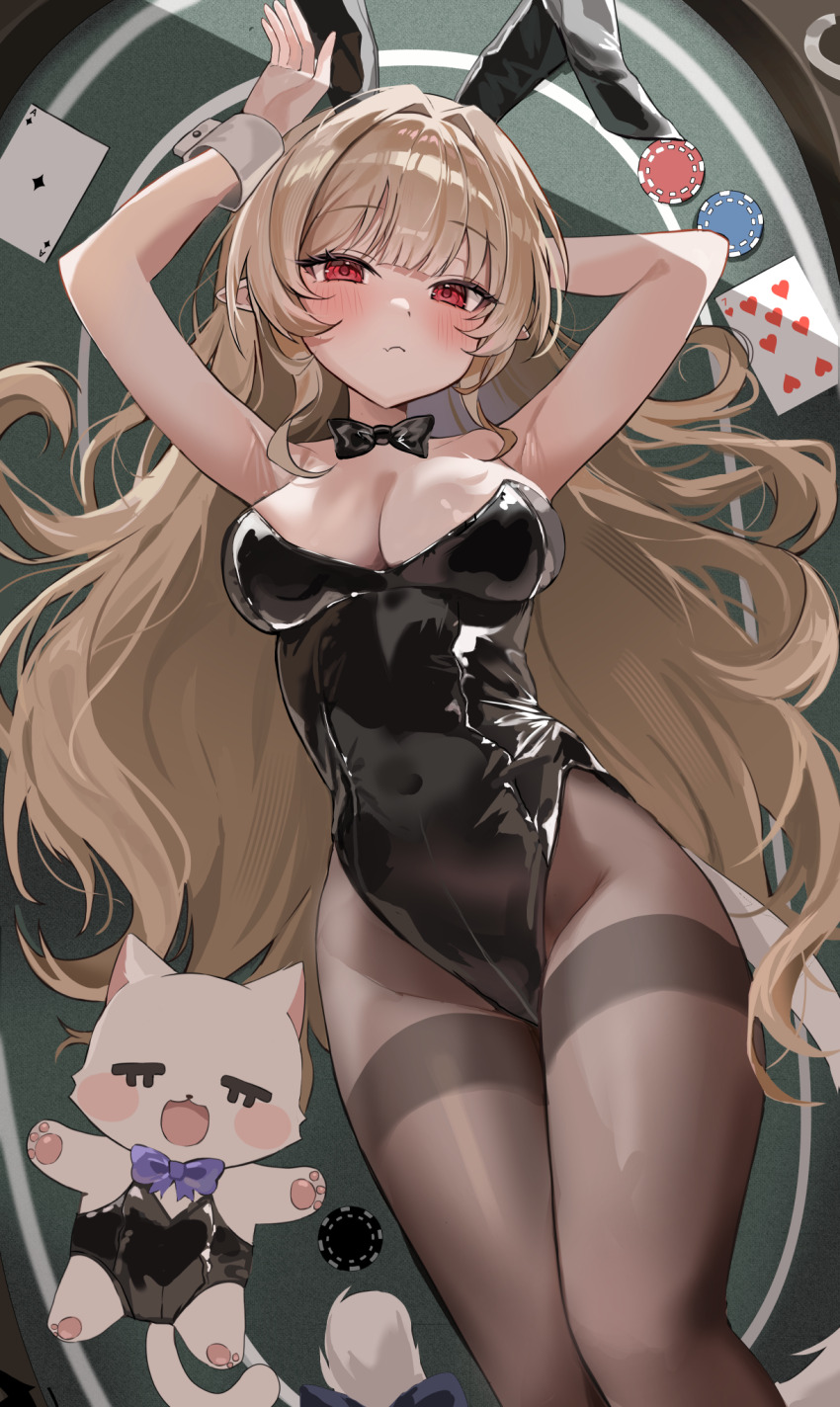 1girl animal_ears armpits arms_up bare_shoulders black_leotard bow bowtie breasts brown_pantyhose card cleavage commentary_request commission covered_navel fake_animal_ears highleg highleg_leotard highres korean_commentary lds_(dstwins97) leotard lying medium_breasts on_back original pantyhose playboy_bunny playing_card poker_chip poker_table rabbit_ears second-party_source solo strapless strapless_leotard table thighband_pantyhose