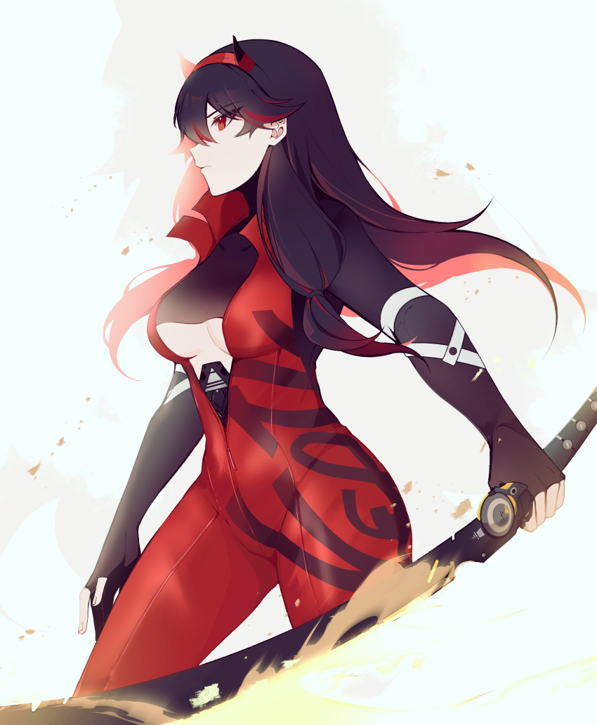 1girl absurdres black_hair breasts dochikun highres holding holding_weapon image_sample lucia:_lotus_(daybreak)_(pgr) lucia:_lotus_(pgr) lucia_(pgr) official_alternate_costume pixiv_sample punishing:_gray_raven solo solo_focus underboob weapon