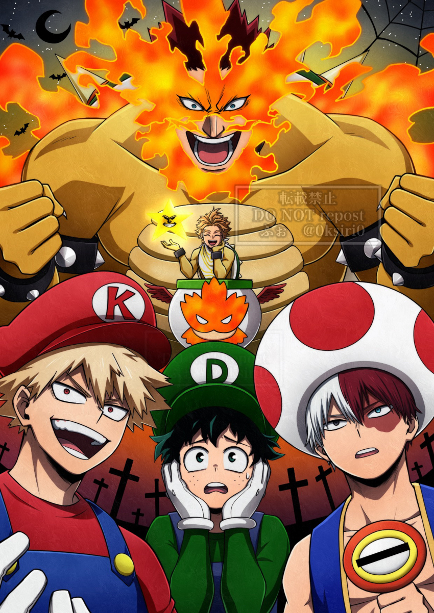 0ksiri0 5boys all_might bakugou_katsuki blonde_hair boku_no_hero_academia bowser bowser_(cosplay) bowser_jr. bowser_jr._(cosplay) burn_scar clenched_hands commentary_request cosplay cross endeavor_(boku_no_hero_academia) fire fire_flower freckles gloves green_eyes green_hair green_headwear green_shirt hands_on_own_face hat highres holding koopa_clown_car long_sleeves luigi luigi_(cosplay) male_focus mario mario_(cosplay) mario_(series) multicolored_hair multiple_boys nintendo official_style open_mouth overalls red_eyes red_hair red_headwear red_shirt scar scar_on_face shirt short_hair smile spiked_hair split-color_hair teeth toad_(mario) toad_(mario)_(cosplay) upper_body watermark white_gloves white_hair