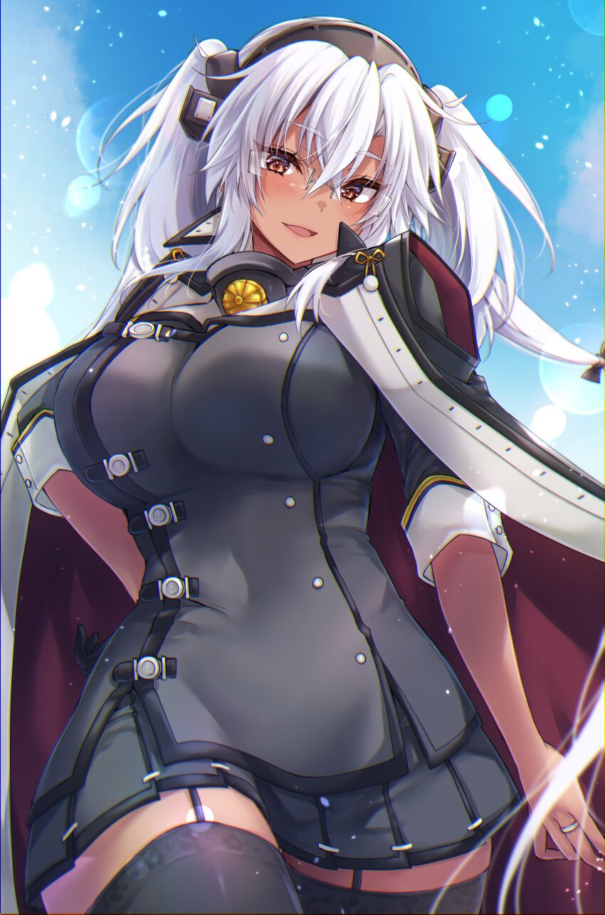 1girl absurdres black_cape black_thighhighs blue_sky blush breasts brown_eyes cape dark-skinned_female dark_skin dated glasses gloves grey-framed_eyewear grey_hair grey_jacket grey_skirt hair_between_eyes headgear highres jacket jewelry kantai_collection large_breasts long_hair looking_at_viewer mashiro_yukiya musashi_(kancolle) musashi_kai_ni_(kancolle) outdoors partially_fingerless_gloves pointy_hair rectangular_eyewear red_eyes rimless_eyewear ring sakuramon semi-rimless_eyewear skirt sky smile solo thighhighs twintails very_long_hair wedding_ring