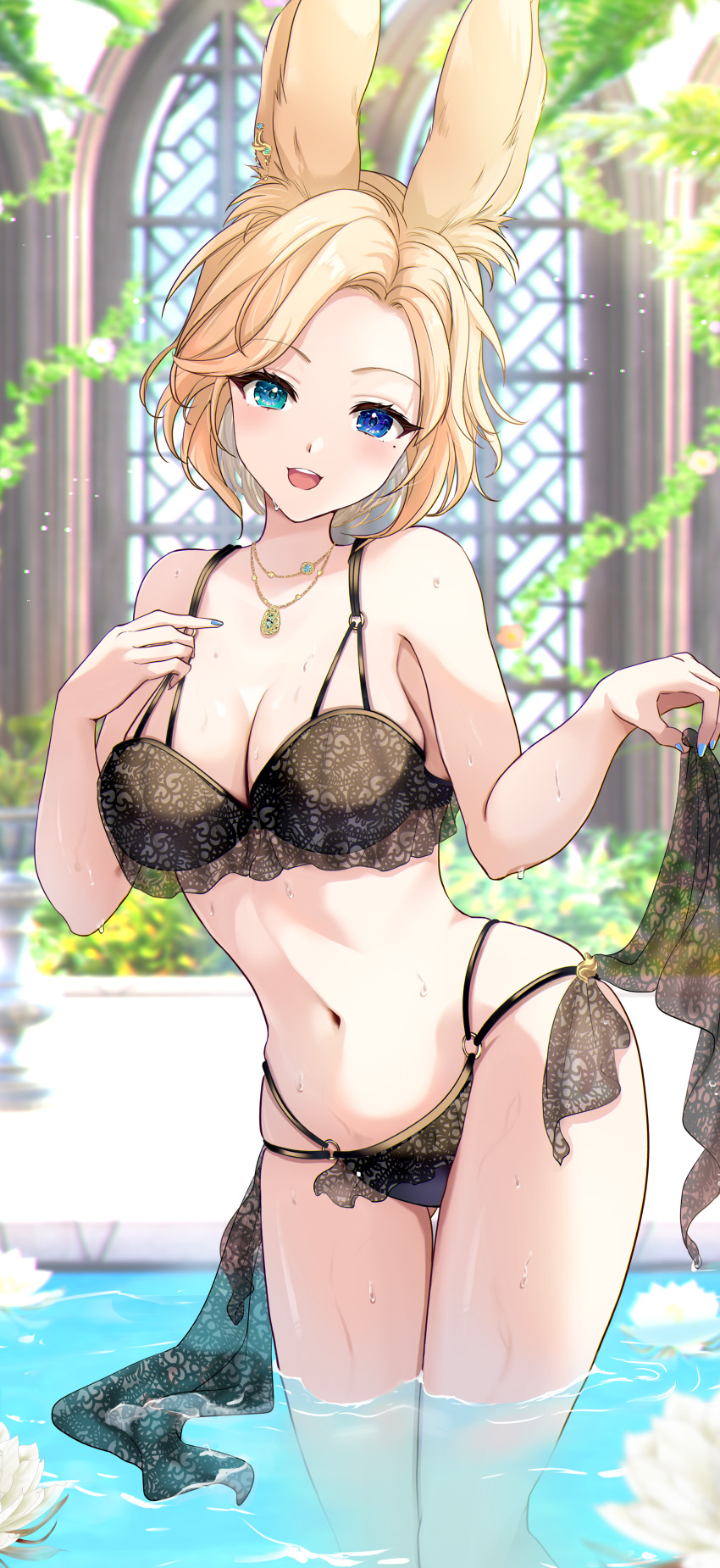 1girl absurdres animal_ears bare_shoulders bikini black_bikini blue_eyes blue_nails blurry blurry_background breasts cleavage commentary_request contrapposto feet_out_of_frame final_fantasy final_fantasy_xiv forehead frilled_bikini frills gluteal_fold green_eyes heterochromia highres jewelry kudoukudokudo lace_bikini leaning_to_the_side looking_at_viewer medium_breasts medium_hair navel necklace o-ring o-ring_bikini open_mouth original partially_submerged pool rabbit_ears smile solo stomach swept_bangs swimsuit thigh_gap viera wading water window