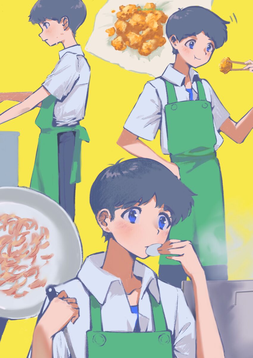 1boy absurdres apron black_pants blue_eyes blue_undershirt brown_hair chicken_(food) chopsticks cooking eating food fried_chicken frying_pan green_apron highres holding holding_chopsticks ikari_shinji male_focus multiple_boys neon_genesis_evangelion pants school_uniform shirt short_hair smile stock_pot sweat tokyo-3_middle_school_uniform tsubomi_haku white_shirt yellow_background