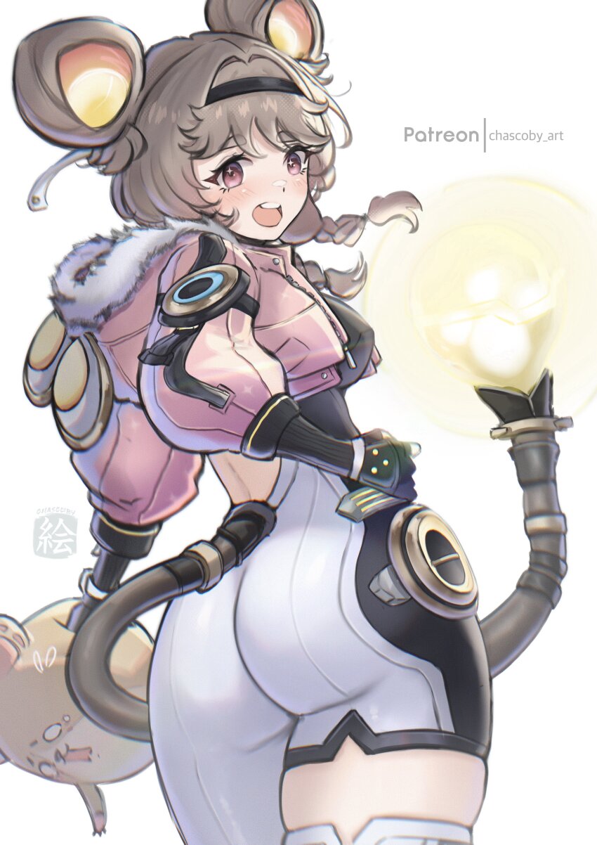 1girl absurdres ass bodysuit braid brown_hair chascoby fur_trim hamster hand_on_own_hip highres jacket light_bulb lumi_(wuthering_waves) mechanical_tail medium_hair pink_jacket tail white_background wuthering_waves