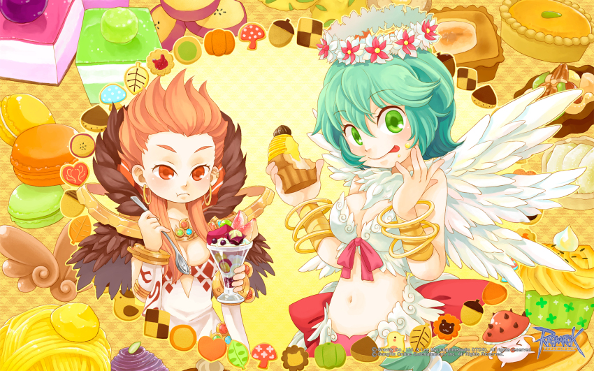2girls :p :t acorn argyle_clothes argyle_dress bangle bikini bracelet bracer breasts cake cake_slice checkerboard_cookie cleavage cookie copyright_notice cupcake dress earrings eating feather_trim feathered_wings flower food food_on_face fur_collar green_eyes green_hair guest_art head_wreath heart highres holding holding_spoon hoop_earrings jewelry large_breasts leaf logo macaron medium_breasts mismatched_bikini mont_blanc_(food) multiple_girls mushroom navel official_art official_wallpaper orange_eyes orange_hair parfait pecan pie pumpkin_pie ragnarok_online raun_(wawakko) sorcerer_(ragnarok_online) spiked_hair spoon spore_(ragnarok_online) sweet_potato swimsuit thumbprint_cookie tongue tongue_out wanderer_(ragnarok_online) white_bikini white_dress white_flower white_wings wings