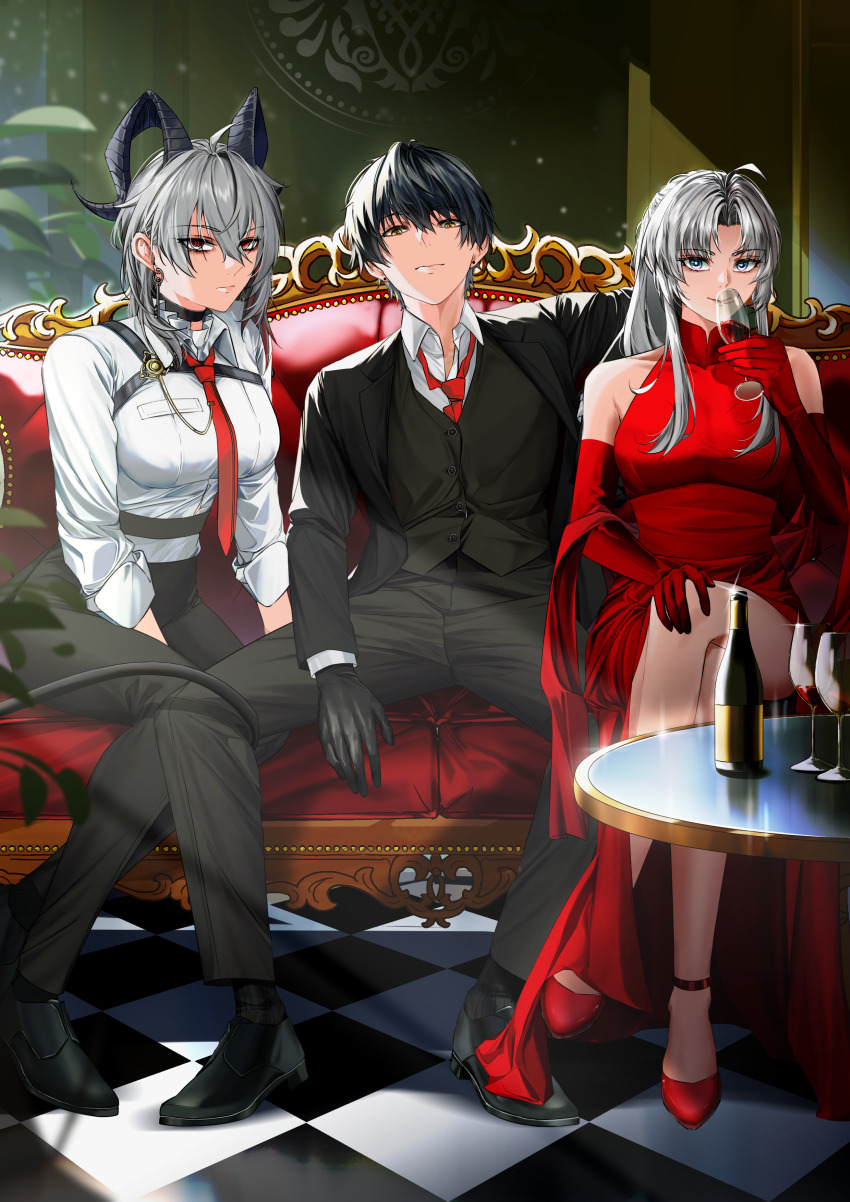 1boy 2girls absurdres ahoge alcohol arm_over_shoulder black_gloves black_horns black_pants black_shirt black_shoes black_tail black_vest bottle breasts carlotta_(wuthering_waves) checkered_floor couch crossed_legs cup curved_horns dress drinking_glass earrings evening_gown gloves high_heels highres horns jewelry key_earrings kiand_(pixiv_38482339) large_breasts long_dress long_hair looking_at_viewer male_rover_(wuthering_waves) medium_breasts multicolored_eyes multiple_girls necktie on_couch pants plant potted_plant red_dress red_eyes red_gloves red_necktie red_wine rover_(wuthering_waves) shirt shoes short_hair single_earring sitting sleeves_rolled_up tail tail_around_another&#039;s_leg tail_wrap tight_clothes tight_pants two-tone_eyes vest white_hair white_shirt wine wine_bottle wine_glass wuthering_waves yellow_eyes zani_(wuthering_waves)
