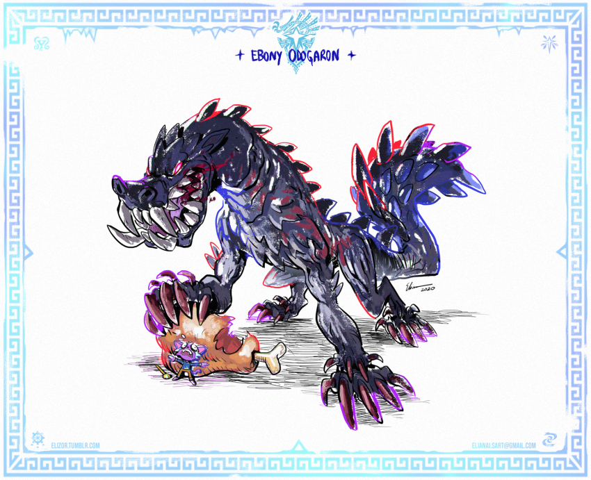 bite_mark boned_meat border character_name claws dated ebony_odogaron eliz0r email_address felyne flying_sweatdrops food highres meat monster monster_hunter:_world monster_hunter_(series) monster_hunter_world:_iceborne no_humans open_mouth outstretched_arms scared sharp_teeth signature simple_background spread_arms teeth tumblr_username