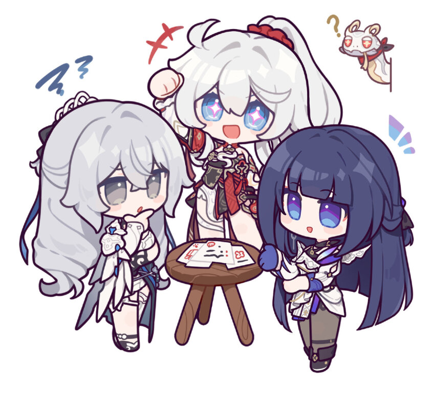 3girls :d ? ahoge bare_shoulders black_choker blue_eyes blunt_bangs braid bronya_zaychik bronya_zaychik_(silverwing:_n-ex) chibi choker dress drill_hair eta gloves grey_eyes grey_hair hair_ornament hair_ribbon half_up_braid half_updo hand_on_own_chin hongbao honkai_(series) honkai_impact_3rd kiana_kaslana kiana_kaslana_(ba-dum!_fiery_wishing_star) light_blush long_hair multiple_girls official_art open_mouth pantyhose peeking_out raiden_mei raiden_mei_(apho) ribbon rice_cake_(honkai_impact_3rd) sidelocks single_glove skirt smile star-shaped_pupils star_(symbol) sticker symbol-shaped_pupils thighs white_background white_hair