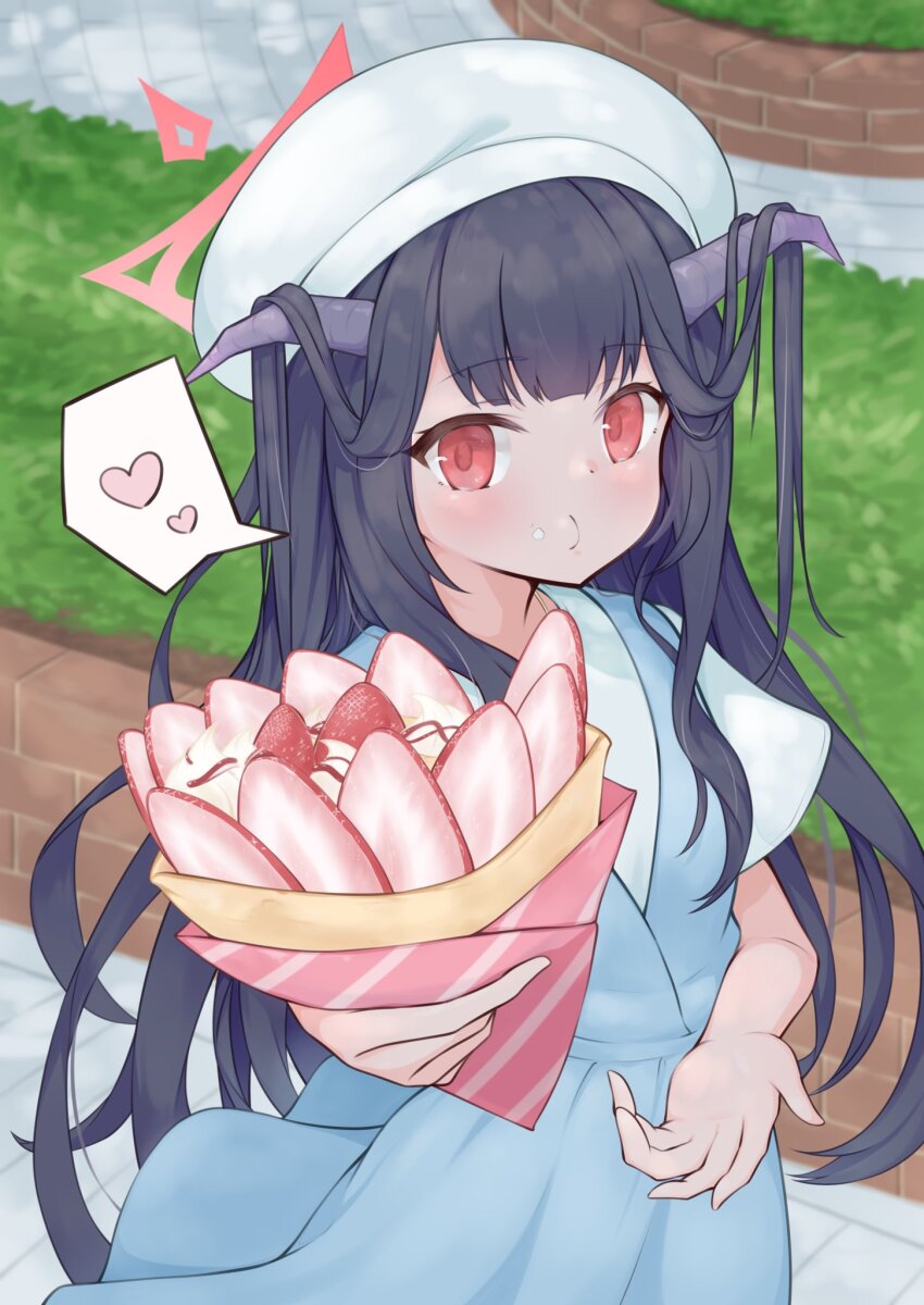 1girl beret black_hair blue_archive blue_dress blush closed_mouth commentary_request crepe day demon_girl demon_horns dress food food_on_face fuuka_(blue_archive) fuuka_(casual)_(blue_archive) hair_down hair_on_horn halo hand_up hat heart highres holding holding_crepe holding_food horns incoming_food long_hair looking_at_viewer official_alternate_costume official_alternate_hairstyle ookujira_(jumbo_whale) outdoors pink_halo pov red_eyes shirt short_sleeves sidelocks sleeveless sleeveless_dress solo speech_bubble spoken_heart very_long_hair white_hat white_shirt