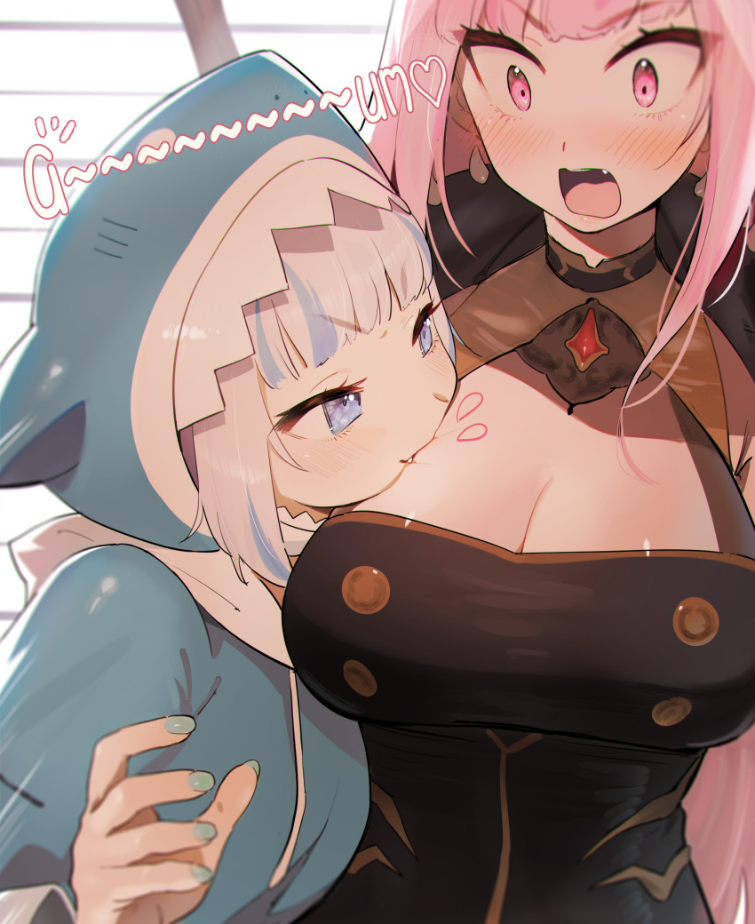 2girls animal_hood aqua_nails biting black_dress blue_eyes blush breasts cleavage dress fang hololive hololive_english mori_calliope multiple_girls open_mouth pink_eyes pink_hair shark_girl shark_hood shazhiqiao surprised virtual_youtuber yuri