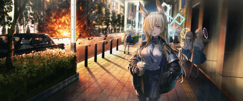 6+girls animal_ear_fluff armband black_gloves blonde_hair blue_archive blue_shirt blue_skirt bollard brick_floor bush car city collared_shirt cup debris disposable_coffee_cup disposable_cup explosion extra gloves hair_over_one_eye hand_in_pocket highres holding holding_cup jacket kanna_(blue_archive) long_hair miyoshi_nao_(miyoshist) motor_vehicle multiple_girls open_clothes open_jacket outdoors parted_lips pencil_skirt people school_uniform serafuku shadow sharp_teeth shirt skirt solo_focus teeth trinity_student_(blue_archive) white_serafuku yellow_eyes
