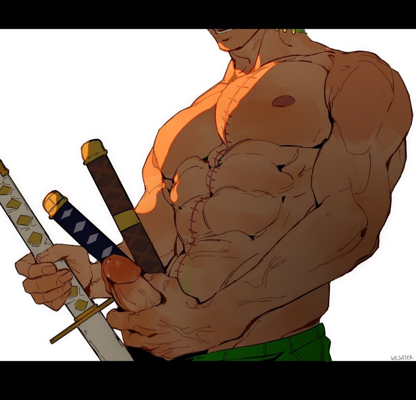 1boy abs artist_name commentary earrings english_commentary green_hair haramaki highres holding holding_sword holding_weapon jewelry letterboxed male_focus nipples one_piece open_mouth penis penis_grab roronoa_zoro simple_background solo stitched_torso stitches sword topless_male upper_body weapon wesaier white_background