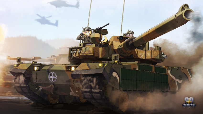 2girls absurdres ah-64_apache aircraft attack_helicopter behalter blonde_hair blue_eyes blurry blurry_background commentary_request day djmax djmax_respect eyepatch goggles goggles_on_head grey_hair gun helicopter highres long_sleeves looking_at_viewer machine_gun military military_uniform military_vehicle motor_vehicle multiple_girls outdoors red_eyes salute smoke tank weapon