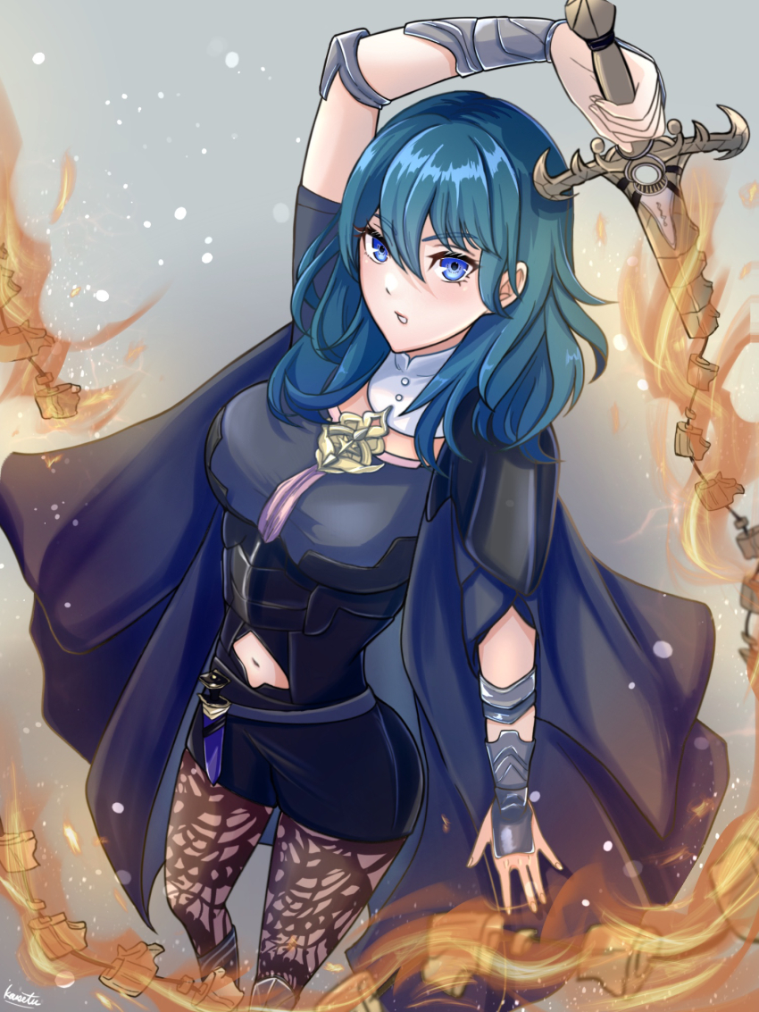 1girl armor black_armor black_cape black_shorts blue_eyes blue_hair breasts brown_pantyhose cape commentary_request female_byleth_(fire_emblem) fire fire_emblem fire_emblem:_three_houses flaming_sword flaming_weapon highres holding holding_sword holding_weapon kousetu0506 long_hair looking_at_viewer medium_breasts navel nintendo pantyhose shorts signature simple_background solo sword sword_of_the_creator weapon
