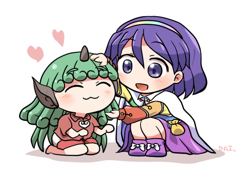 2girls :3 :d ^_^ bag barefoot boots bow cape closed_eyes closed_mouth commentary_request curly_hair dress footwear_bow green_hair hairband headpat heart horns kariyushi_shirt komainu_girl komano_aunn long_hair long_sleeves looking_at_another multicolored_dress multicolored_hairband multiple_girls open_mouth patchwork_clothes purple_boots purple_eyes purple_hair red_shirt rokugou_daisuke seiza shirt short_hair short_sleeves shorts signature simple_background single_horn sitting smile tenkyuu_chimata touhou white_background white_bow white_cape white_shorts