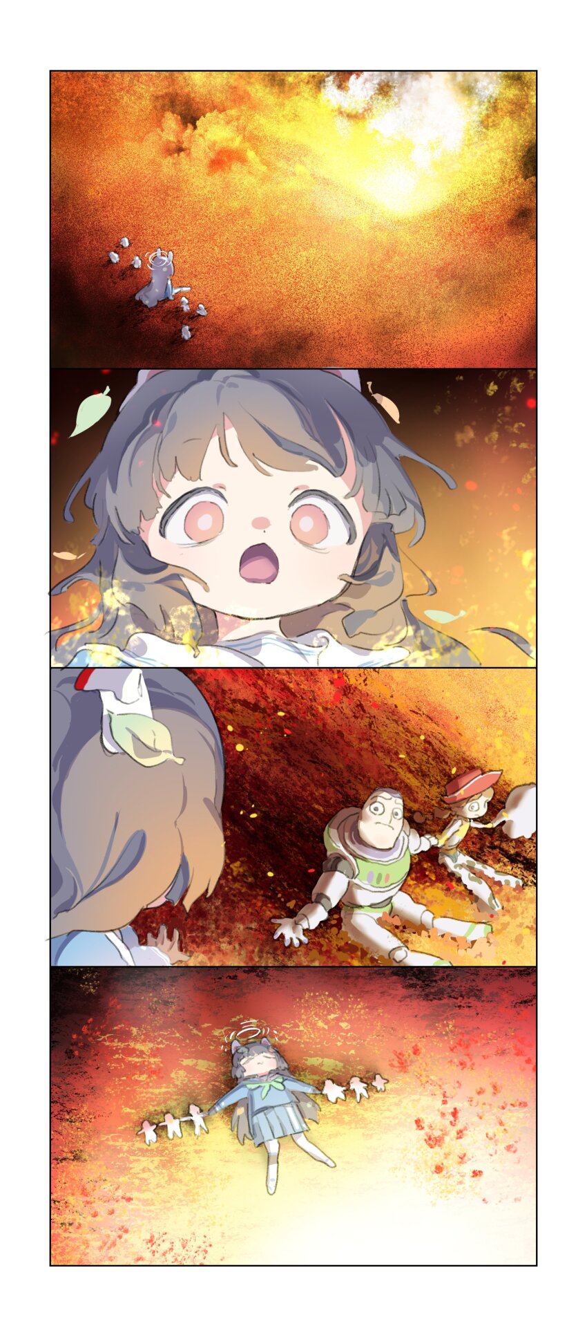 1boy 2girls 4koma 4others absurdres animal_ears art_shift black_hair blue_archive blunt_bangs buzz_lightyear comic commentary_request cowgirl_(western) crossover fake_animal_ears fire halo highres holding_hands incinerator jessie_the_yodeling_cowgirl leaf leaf_on_head long_hair long_sleeves lying miyu_(blue_archive) multiple_boys multiple_girls multiple_others on_back oshake pantyhose parody pleated_skirt rabbit_ears red_eyes scene_reference school_uniform serafuku sidelocks silent_comic sitting size_difference skirt surprised toy toy_story toy_story_3 trash white_pantyhose