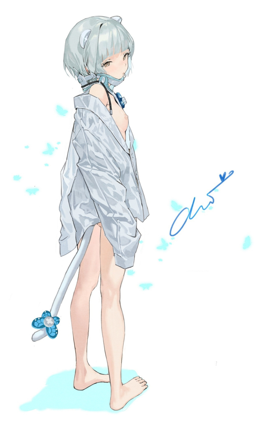 1girl animal_ears barefoot breasts brown_eyes commentary dress_shirt eyelashes full_body grey_hair highres long_sleeves naked_shirt neck_brace nipples off_shoulder original puckered_lips shirt short_hair signature simple_background sleeves_past_fingers sleeves_past_wrists small_breasts solo standing symbol-only_commentary tail white_shirt xiao_chichi