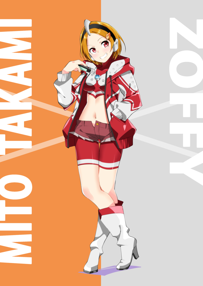 1girl bike_shorts bike_shorts_under_shorts boots character_name color_timer cosplay cutoffs drawstring grin hand_in_pocket high_heel_boots high_heels highres hood hood_down hooded_jacket jacket knee_boots long_sleeves looking_at_viewer love_live! love_live!_sunshine!! multicolored_jacket open_clothes open_fly open_jacket orange_hair red_eyes red_shorts sasanon_(sasapoliton) short_hair shorts smile solo takami_mito teeth two-tone_jacket ultra_series ultraman_(1st_series) unbuttoned white_boots zoffy_(shin)