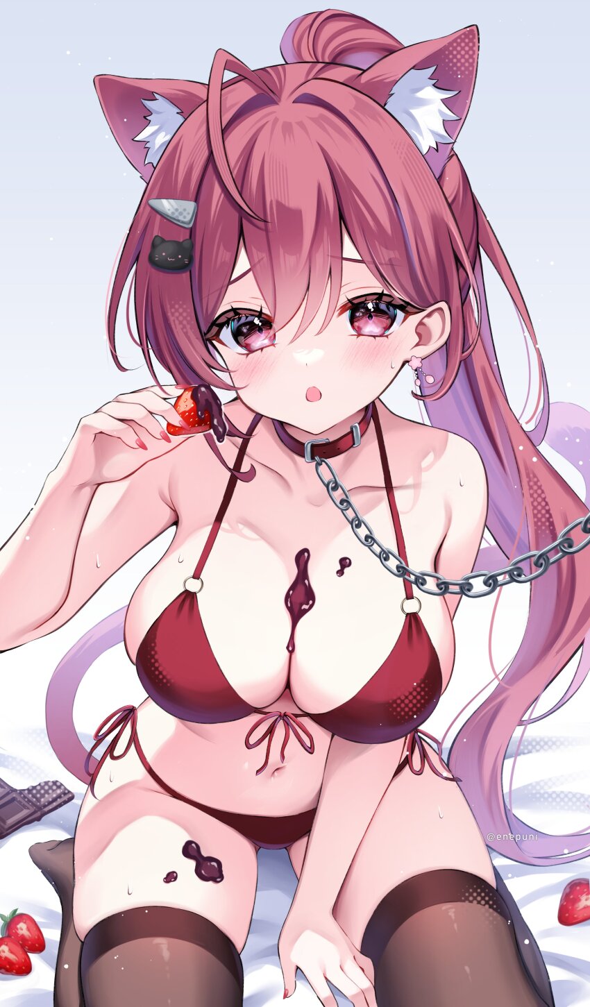 1girl absurdres ahoge animal_ears armpit_crease bare_arms bare_shoulders bdsm between_legs bikini breasts brown_thighhighs cat_ears cat_girl cat_tail chain chain_leash choker cleavage collar commission eneru_(enepuni) food front-tie_bikini_top front-tie_top frown fruit hair_ornament hairclip halterneck hand_between_legs hand_up highres large_breasts leash long_hair looking_at_viewer navel open_mouth original ponytail red_bikini red_choker red_eyes red_hair seiza side-tie_bikini_bottom sitting skeb_commission skindentation slave solo stomach strawberry string_bikini swimsuit tail thighhighs thighs very_long_hair white_background