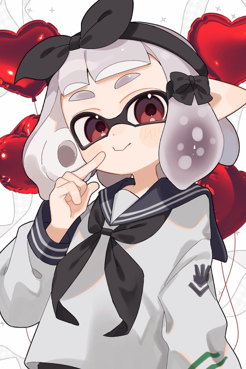 1girl balloon black_bow black_hairband black_neckerchief blue_sailor_collar blush_stickers bow bow_hairband cheek_poking closed_mouth grey_hair hair_bow hairband hand_up heart_balloon highres index_finger_raised inkling inkling_girl inkling_player_character long_sleeves looking_at_viewer medium_hair neckerchief nintendo pointy_ears poking red_eyes sabata_saba sailor_collar sailor_shirt shirt smile solo splatoon_(series) tentacle_hair thick_eyebrows upper_body white_background white_shirt