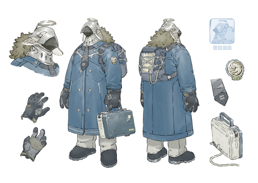 1boy backpack bag black_footwear black_gloves black_necktie blue_bag blue_coat briefcase chenrong96 coat collared_coat fake_halo gloves halo highres holding male_focus multiple_views necktie original pants standing