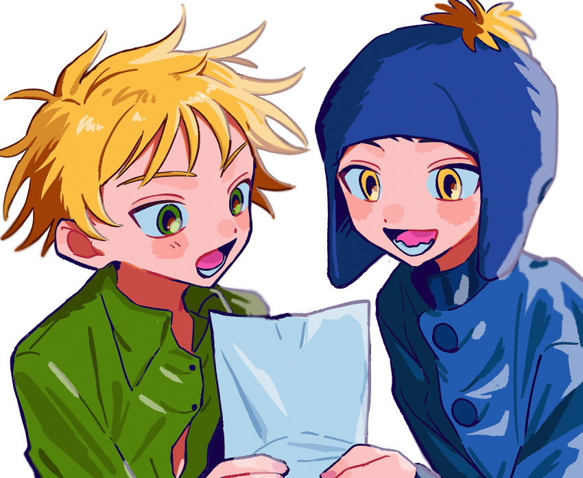 2boys absurdres beanie blonde_hair blue_shirt craig_tucker green_eyes green_shirt hat highres male_focus messy_hair multiple_boys neko_manma paper pom_pom_(clothes) pom_pom_beanie shirt short_hair simple_background south_park tweek_tweak white_background yellow_eyes