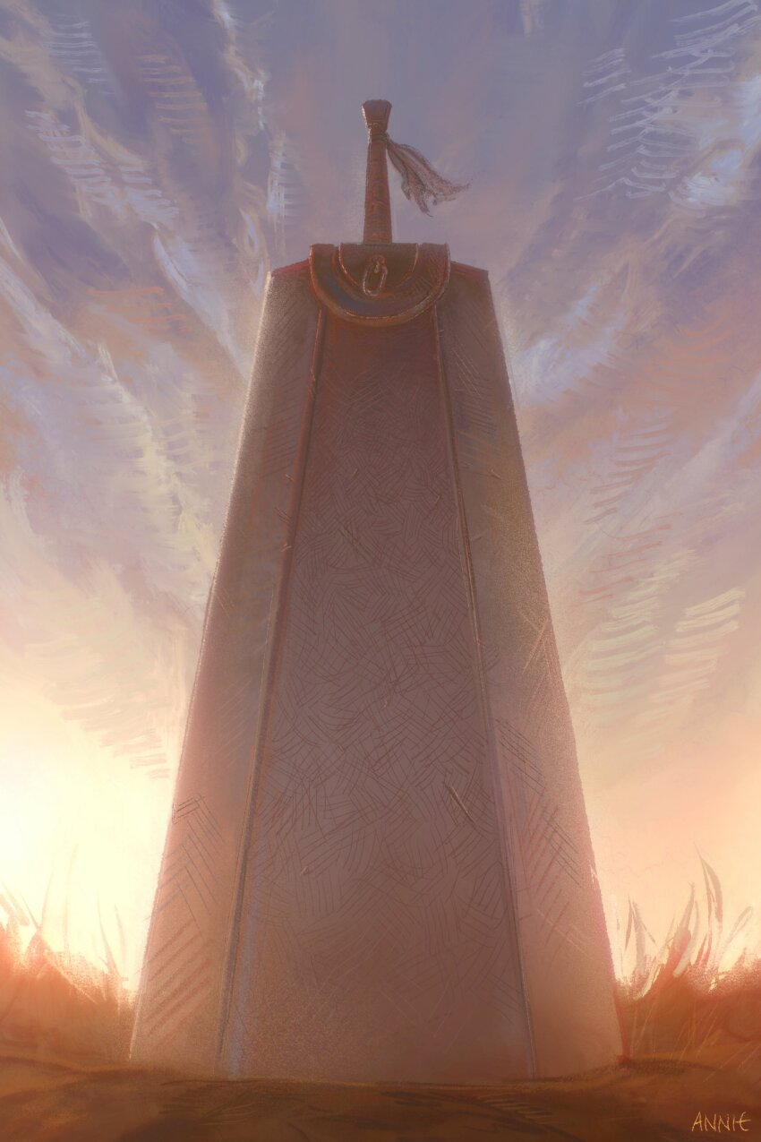 absurdres anniechromes artist_name berserk blue_sky cloud cloudy_sky commentary dragonslayer_(sword) english_commentary grass greatsword highres hilt huge_weapon no_humans planted planted_sword planted_weapon scenery signature sky sword weapon wrapping