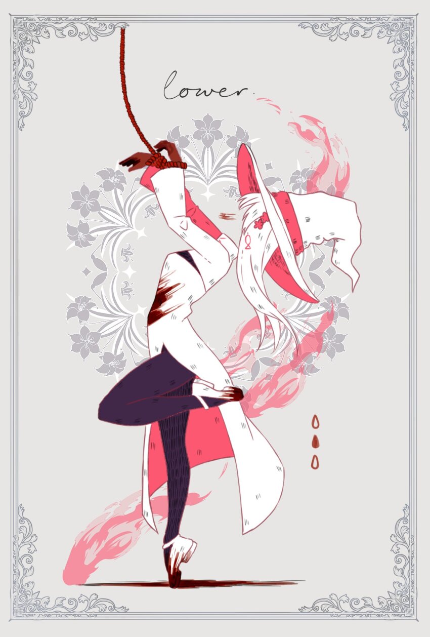 1girl black_pantyhose blood blood_on_clothes border bound bound_wrists dress earrings fire fish_earrings from_side full_body grey_background hat high_heels highres invisible ix_(lower) jewelry kuiruri leg_up long_hair lower_(vocaloid) pantyhose rope side_slit solo song_name tiptoes transparent white_dress white_footwear white_hair witch_hat