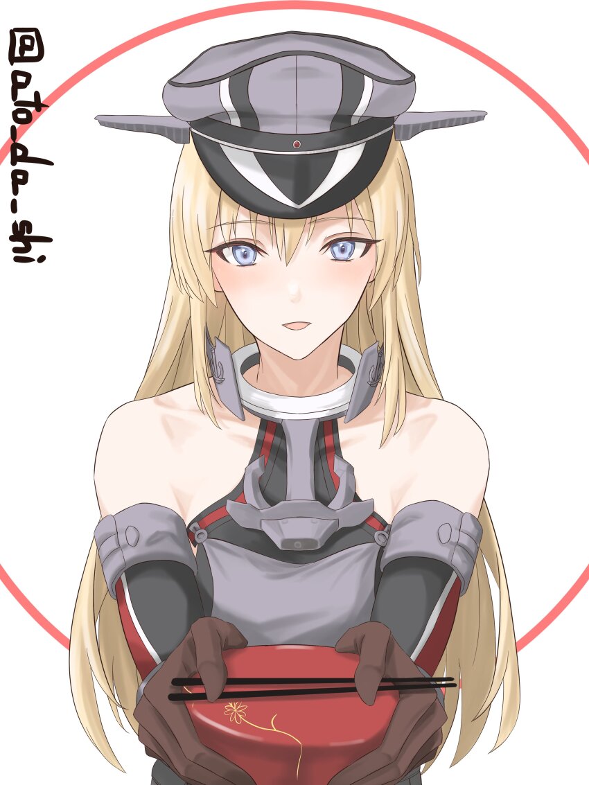 1girl absurdres anchor_choker atodashi bare_shoulders bismarck_(kancolle) blonde_hair blue_eyes blush brown_gloves chopsticks commentary_request detached_sleeves gloves grey_hat grey_shirt halterneck hat highres holding kantai_collection long_hair looking_at_viewer lunchbox parted_lips peaked_cap shirt simple_background solo twitter_username upper_body white_background
