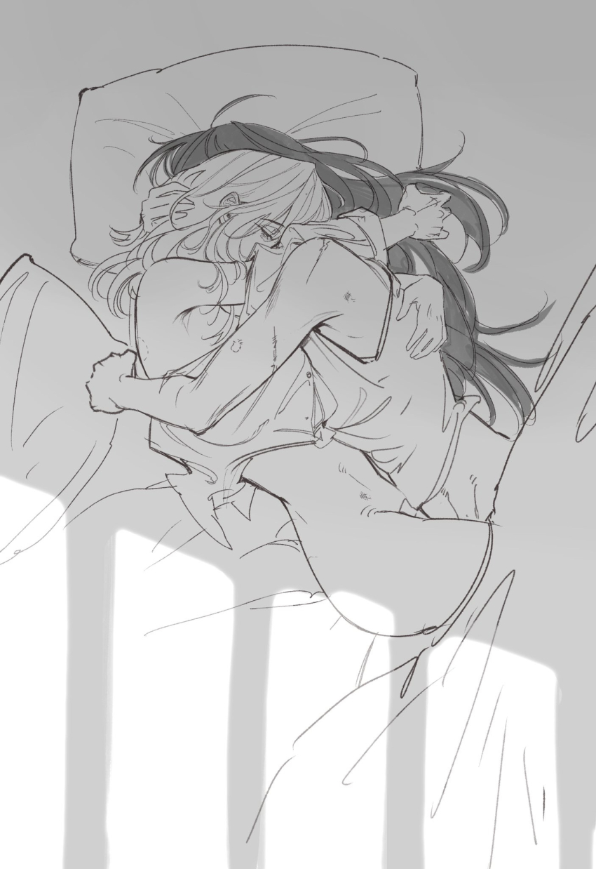 2girls bite_mark bottomless couple deerwhisky greyscale hand_on_another&#039;s_head highres hug long_hair lying medium_hair monochrome multiple_girls on_bed path_to_nowhere pillow rahu_(path_to_nowhere) scrape shalom_(path_to_nowhere) under_covers yuri