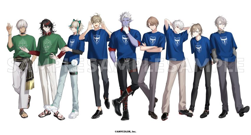 6+boys :d ahoge animal_ear_hairband animal_ears anklet antenna_hair aqua_hair arms_behind_back arms_behind_head arms_up aza_(virtuareal) beard belt belt_buckle black_belt black_boots black_choker black_hair black_hairband black_nails black_pants black_sandals black_sash black_shirt black_shoes blonde_hair blue_eyes blue_gemstone blue_pants blue_shirt boots bracelet brown_eyes brown_hair brown_pants buckle cat_ear_hairband cat_ears choker closed_mouth collared_shirt colored_skin commentary_request company_name copyright_notice crossed_arms crossed_bangs dark-skinned_male dark_skin denim ear_piercing earrings facial_hair fake_animal_ears feet fingernails fold-over_boots gem gilzaren_iii gloves gradient_hair green_eyes green_shirt grey_hair grey_pants grey_shirt hair_between_eyes hair_ornament hair_over_one_eye hairband hairclip hand_in_pocket hand_on_own_chin hand_on_own_hip hand_up hands_in_pockets hands_up heterochromia highres ibrahim_(nijisanji) itefu jeans jewelry kagami_hayato kaida_haru kanae_(nijisanji) kuzuha_(nijisanji) layered_sleeves long_hair long_sleeves looking_at_viewer male_focus medium_hair mole mole_under_eye multicolored_eyes multicolored_hair multiple_boys nail_polish necklace nijisanji nijisanji_en nijisanji_fes_t-shirt official_art oliver_evans open_mouth pants parted_bangs parted_lips piercing pointy_ears ponytail print_shirt purple_skin red_choker red_eyes red_hair red_shirt sample_watermark sandals sash shirt shoes short_hair short_over_long_sleeves short_sleeves simple_background single_earring smile spiked_hair standing stud_earrings swept_bangs t-shirt tassel tassel_earrings teeth thigh_strap toenail_polish toenails toes triangle_earrings two-tone_eyes upper_teeth_only virtual_youtuber virtuareal vox_akuma watermark waving white_background white_gloves white_hair white_pants white_shoes wing_collar yellow_eyes