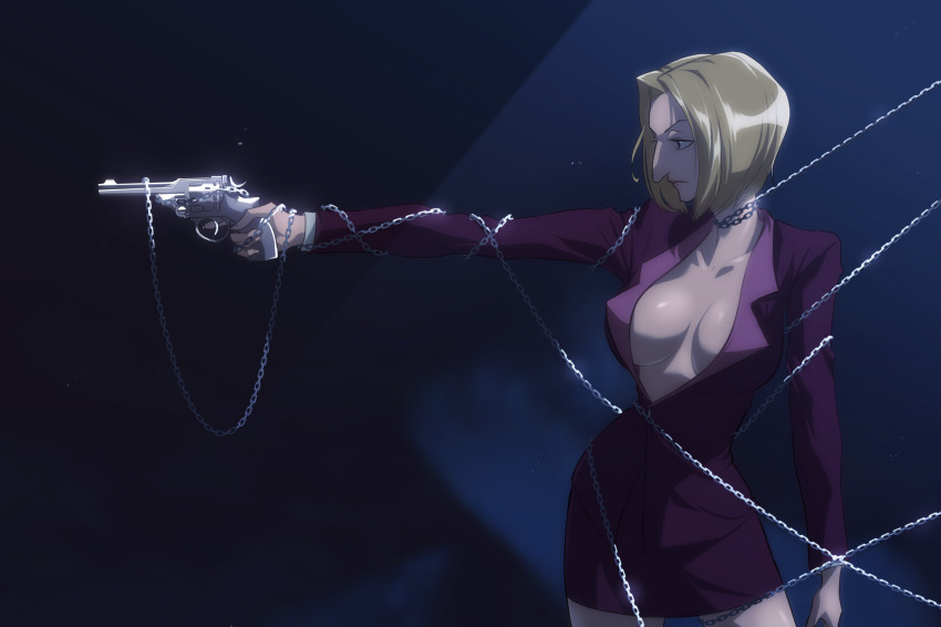 1girl aiming aquiline_nose breasts chain cleavage commentary contrapposto cowboy_shot frown gun handgun highres holding holding_gun holding_weapon hunter_x_hunter jacket large_breasts medium_hair miniskirt nose pakunoda pencil_skirt profile purple_jacket purple_skirt revolver serious skirt solo titi_king trigger_discipline weapon
