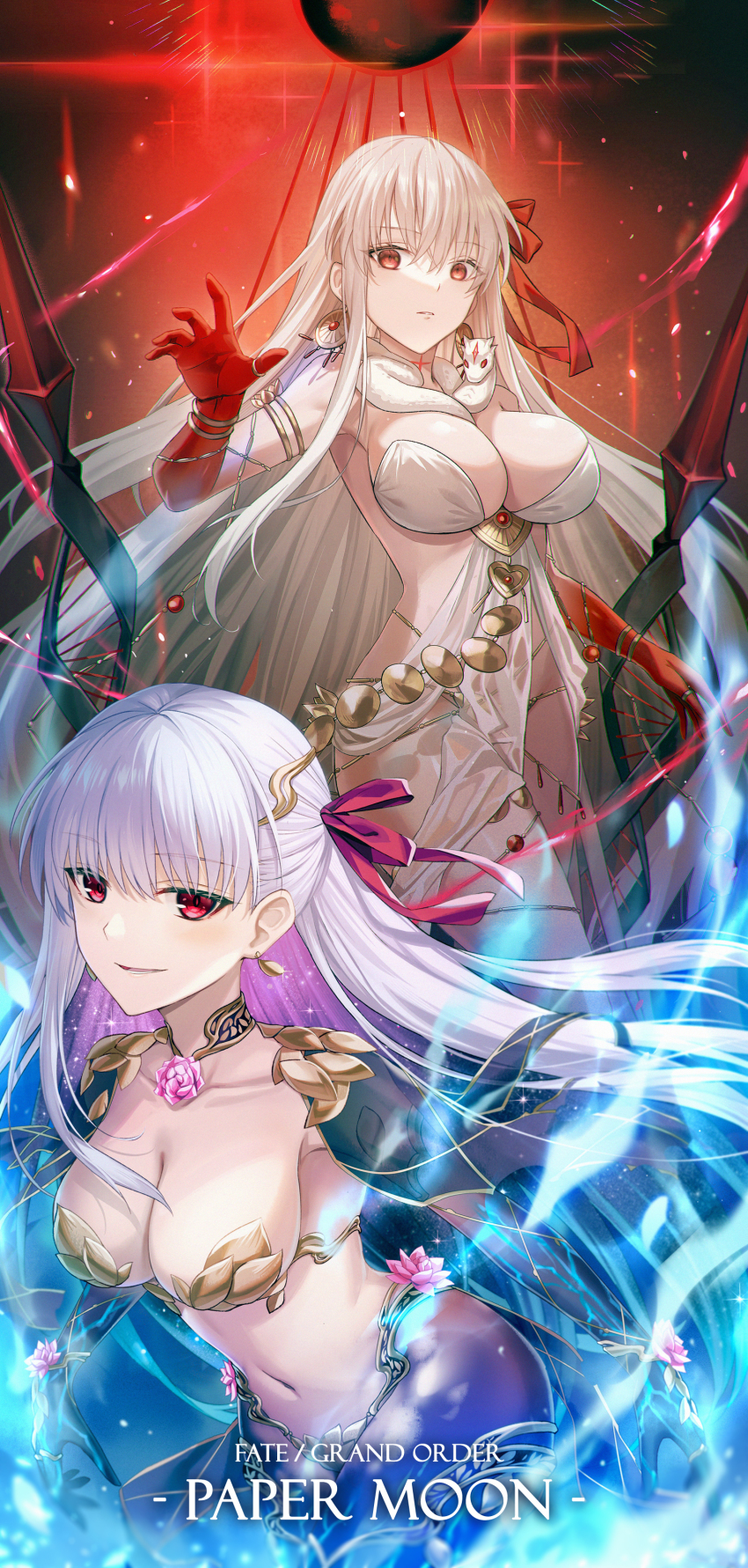 2girls absurdres armlet armor armpits bare_shoulders belly_chain bikini_armor blue_fire blue_hair blue_skin blush body_markings bracelet breasts cleavage collar collarbone colored_inner_hair colored_skin dress durga_(fate) durga_(first_ascension)_(fate) earrings fate/grand_order fate_(series) fire flower gradient_skin grey_hair hair_ribbon highres jewelry kama_(fate) kama_(third_ascension)_(fate) large_breasts long_hair looking_at_viewer lotus luzi metal_collar multicolored_hair multiple_girls navel open_mouth pelvic_curtain polearm red_eyes red_skin revealing_clothes ribbon sash smile snake thighlet thighs thumb_ring two-tone_hair vajra_(object) very_long_hair weapon white_dress white_hair