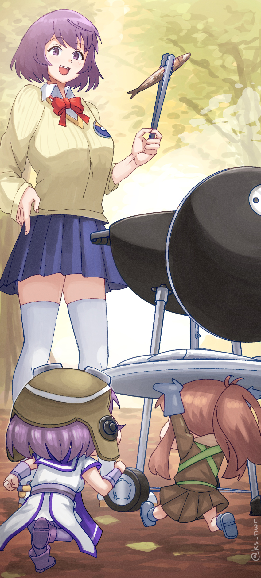 3girls absurdres alternate_costume blue_skirt blush bow bowtie breasts brown_hair brown_skirt collared_shirt day dress fairy_(kancolle) fish gloves grill hand_on_own_hip highres holding holding_tongs kantai_collection lexington_(kancolle) long_sleeves multiple_girls nwr open_mouth outdoors plate pleated_skirt ponytail purple_eyes purple_hair purple_sailor_collar red_bow red_bowtie sailor_collar sailor_dress shirt short_hair skirt standing sweater thighhighs tongs white_shirt white_thighhighs yellow_sweater