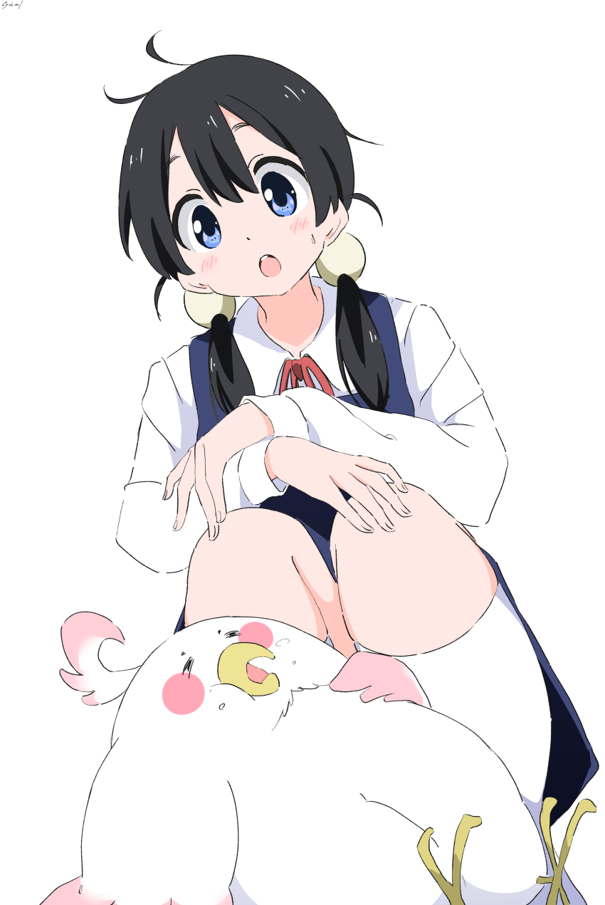 1girl absurdres bird black_hair blue_eyes cynical_(llcbluckg_c004) dera_mochimazzui highres kitashirakawa_tamako light_blush long_sleeves open_mouth overeating school_uniform squatting tamako_market twintails white_background