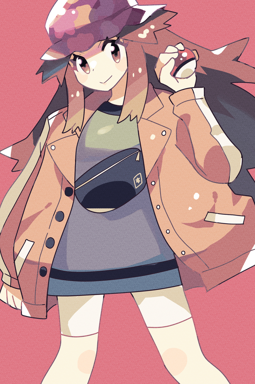 1girl anidler91 blue_shirt brown_eyes brown_hair camouflage_headwear closed_mouth feet_out_of_frame hand_up hat highres holding holding_poke_ball jacket leaf_(pokemon) leaf_(sygna_suit)_(pokemon) legs_apart long_hair long_shirt long_sleeves nintendo pink_background pink_jacket poke_ball poke_ball_(basic) pokemon pokemon_masters_ex purple_hat shirt smile solo standing thighhighs white_thighhighs