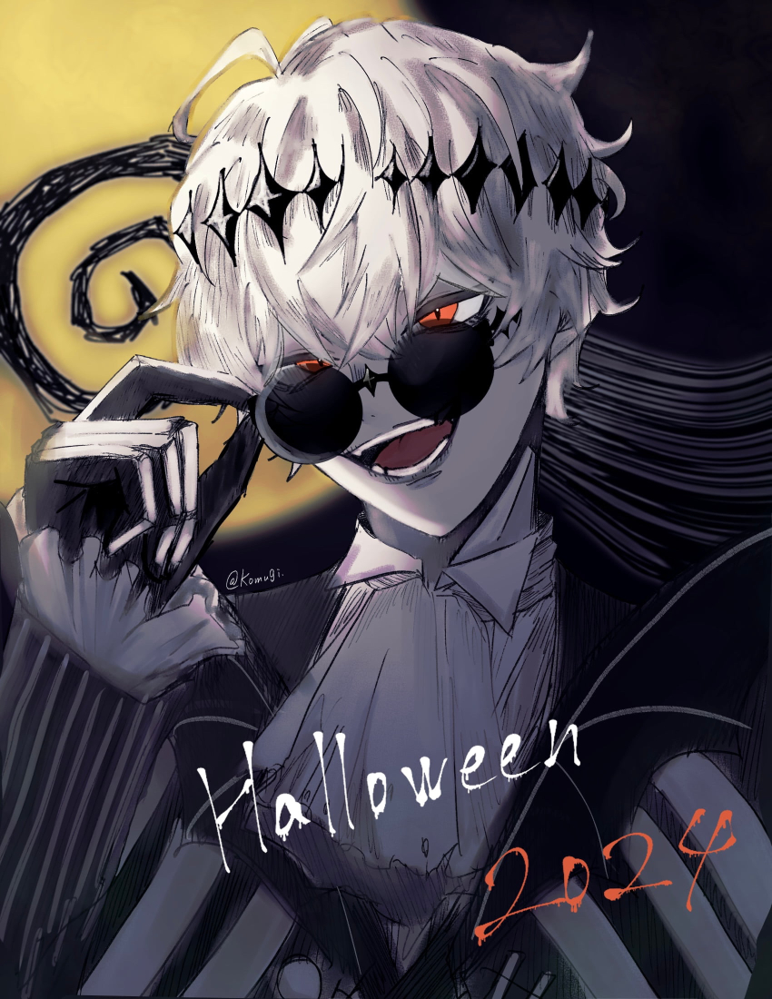 1boy 2924 black_crown crown diamond_hairband formal_clothes gloves highres jacket komukomugi_11 long_sleeves looking_at_viewer male_focus missing_tooth moon pinstripe_jacket pinstripe_pattern pinstripe_suit pinstripe_vest round_eyewear short_hair skeleton_print skully_j._graves smile solo striped_clothes striped_jacket striped_vest suit the_nightmare_before_christmas twisted_wonderland vertical-striped_clothes vertical-striped_vest vest white_hair