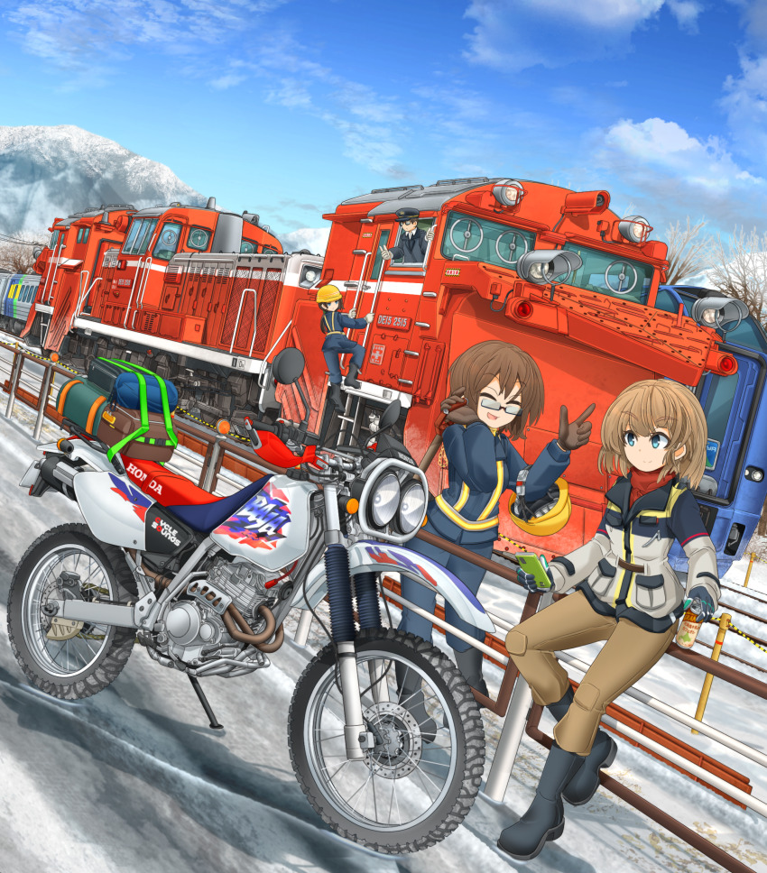 2girls 2others black-framed_eyewear black_footwear black_gloves black_jacket black_pants blue_eyes blue_sky boots brown_hair brown_pants cellphone climbing closed_mouth cloud cloudy_sky commentary_request day diesel_locomotive engineer facing_another foot_up gloves grey_jacket helmet highres holding holding_phone honda jacket knee_pads locomotive logo long_sleeves looking_at_another mikeran_(mikelan) motor_vehicle motorcycle mountain multiple_girls multiple_others on_roof open_mouth original outdoors pants partial_commentary phone rectangular_eyewear semi-rimless_eyewear shadow short_hair sitting sky smartphone smile snow standing standing_on_one_leg train tree under-rim_eyewear unworn_headwear unworn_helmet yellow_headwear
