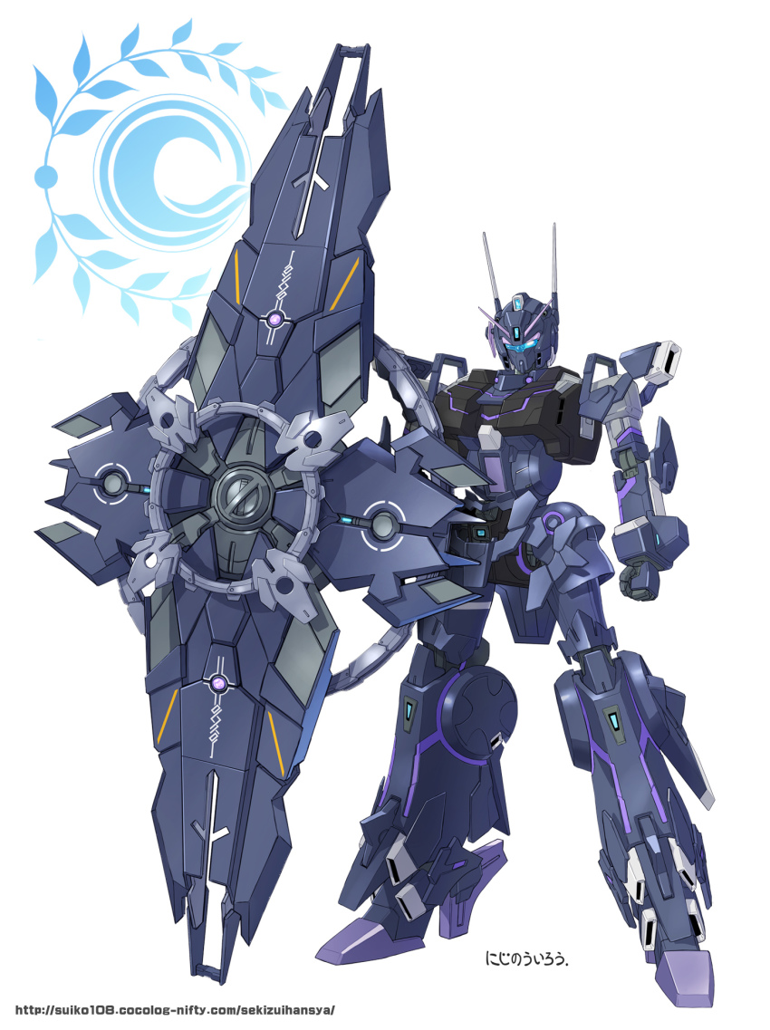clenched_hand fate/grand_order fate_(series) fusion gundam gundam_narrative highres holding holding_shield looking_at_viewer mash_kyrielight mecha no_humans robot shield silver_bullet_suppressor solo standing visor white_background yanagi_joe