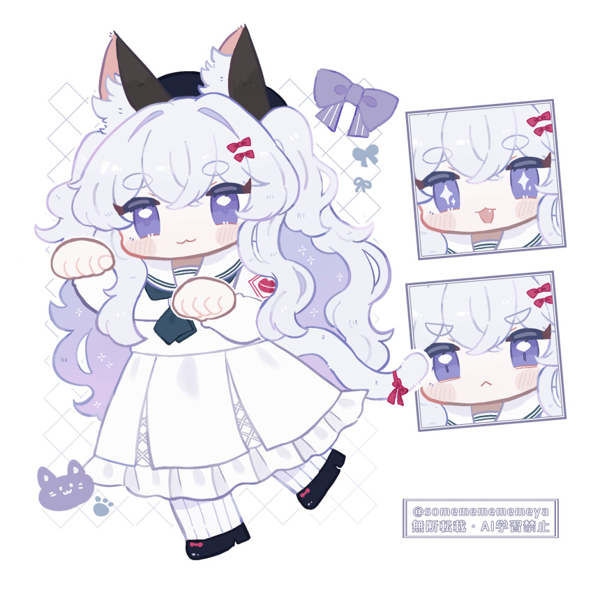 1girl :d absurdres animal_ear_fluff animal_ears beret black_hat black_shoes blush_stickers bow cat_ears cat_girl cat_tail chibi commentary_request fang frilled_skirt frills hair_between_eyes hair_bow hair_intakes hat highres long_hair multicolored_hair multiple_expressions multiple_views open_mouth original pantyhose paw_pose purple_bow purple_eyes purple_hair red_bow ribbed_pantyhose sailor_collar shirt shoes short_eyebrows skirt smile someyaya sparkling_eyes tail thick_eyebrows twitter_username two-tone_hair two_side_up very_long_hair watermark white_background white_pantyhose white_sailor_collar white_shirt white_skirt
