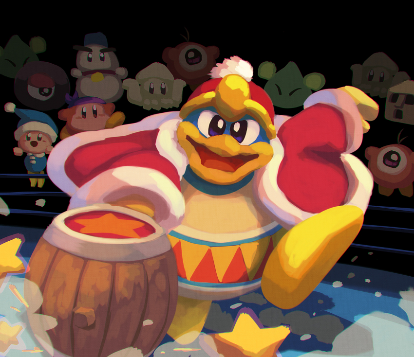 ^_^ audience bandana bandana_waddle_dee beads beanie bell black_background black_hair blue_bandana blue_eyes blue_hat blue_shirt blush_stickers buttons chilly_(kirby) closed_eyes collared_shirt colored_skin determined fighting_stance floating_clothes fur-trimmed_headwear fur-trimmed_robe fur-trimmed_sleeves fur_trim gloves hammer happy hat highres holding holding_hammer indoors kabu_(kirby) king_dedede kirby_(series) long_sleeves looking_at_viewer neck_bell nightcap nintendo no_humans no_mouth one-eyed open_mouth orange_skin plasma_wisp pom_pom_(clothes) pom_pom_beanie poppy_bros_jr rayman_limbs red_hat red_robe red_sash robe sash shadow shirt shoes short_hair smile smoke snowman solo_focus squid star_(symbol) suyasuyabi tiptoes triangle_print two-tone_sash very_short_hair waddle_doo waist_sash wheel wheelie_(kirby) white_shirt wrestling_ring yellow_gloves yellow_sash yellow_shoes