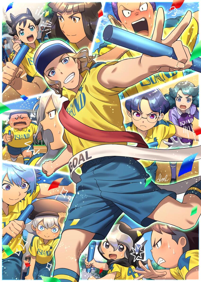 1girl 6+boys aqua_shorts aqua_socks baseball_cap black_hair blonde_hair blue_eyes blue_hair brown_eyes brown_hair dolustoy finish_line gloves goujin_tetsunosuke green_hair grey_eyes grey_hair haizaki_ryouhei hat hattori_hanta highres hiura_kirina hiyori_masakatsu inamori_asuto inazuma_eleven_(series) inazuma_eleven_ares_no_tenbin iwato_takashi kneehighs kozoumaru_sasuke light_blue_hair long_hair male_focus mansaku_yuuichirou michinari_tatsumi multiple_boys okuiri_hiro open_mouth purple_eyes purple_hair racing raimon raimon_soccer_uniform relay_baton relay_race running_track shirt shorts soccer_uniform socks sports_festival sportswear sweat umihara_norika yellow_shirt