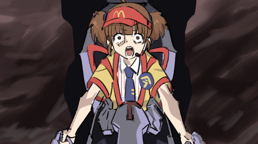 1girl badge black_necktie brown_eyes brown_hair button_badge collared_shirt commentary_request fusazakura haori hat headset highres imadake_dabuchi_tabemi jacket japanese_clothes looking_at_viewer mcdonald&#039;s necktie neon_genesis_evangelion open_mouth parody red_hat screaming shirt short_hair short_sleeves short_twintails solo striped_clothes striped_shirt the_end_of_evangelion twintails upper_body vertical-striped_clothes vertical-striped_shirt visor_cap white_shirt wide-eyed yellow_jacket