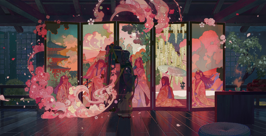 1boy absurdres coffin cup flower highres multiple_girls okuribito onmyoji:_the_card_game petals planet screen standing wooden_floor xiaoquandianer
