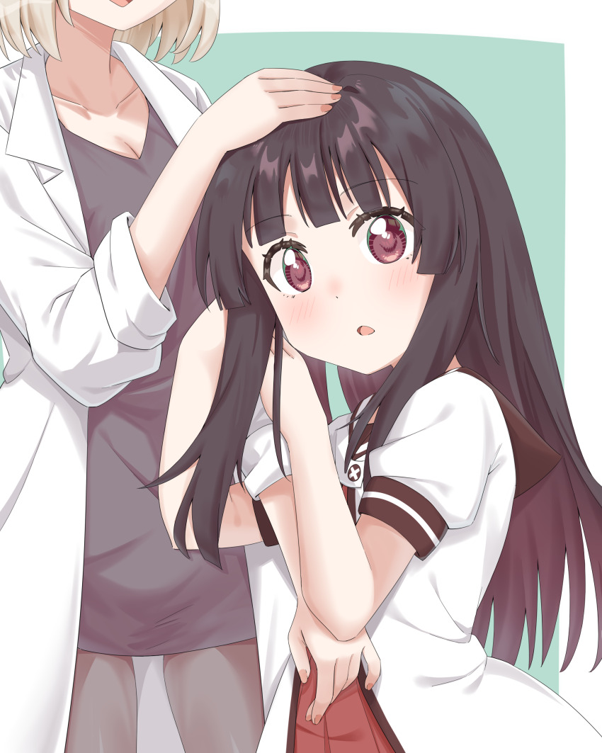 2girls absurdres arm_hug black_hair black_pantyhose blonde_hair blush breasts brown_eyes cleavage collarbone hand_on_another&#039;s_head highres lab_coat large_breasts long_hair matsumoto_rise multiple_girls nanamori_school_uniform nishigaki_nana nonroastet open_mouth pantyhose school_uniform short_hair smile yuri yuru_yuri