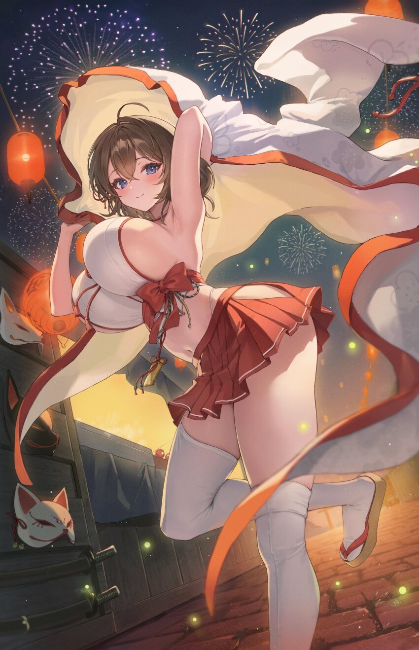 1girl absurdres aerial_fireworks blue_eyes blush bow breasts brown_hair closed_mouth clothing_cutout fireworks hakama hakama_short_skirt hakama_skirt haori highres hip_vent holding holding_unworn_clothes huge_breasts japanese_clothes lantern long_hair looking_at_viewer midriff navel night night_sky nontraditional_miko original outdoors platform_sandals print_haori red_bow red_hakama red_skirt ryu_o sandals skirt sky smile solo standing standing_on_one_leg summer_festival takamiya_keika thighhighs thighs white_thighhighs