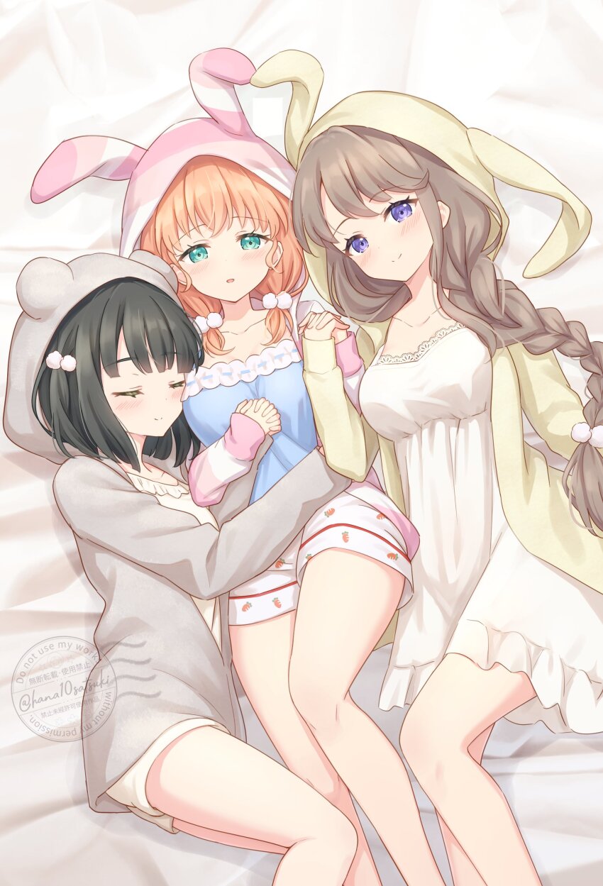 3girls :d absurdres animal_hood bare_legs black_hair blue_camisole blush braid breasts brown_hair brown_jacket camisole carrot_print cleavage closed_eyes closed_mouth collarbone commentary dress feet_out_of_frame food_print fujishima_megumi hair_ornament hanazora_satsuki highres hinoshita_kaho holding_hands holiday_holiday_(love_live!) hood hood_up hooded_jacket interlocked_fingers jacket large_breasts link!_like!_love_live! long_braid long_hair long_sleeves looking_at_viewer love_live! low_twintails lying momose_ginko multiple_girls on_back on_bed open_clothes open_jacket open_mouth orange_hair pink_jacket polyamory pom_pom_(clothes) pom_pom_hair_ornament purple_eyes rabbit_hood short_hair short_shorts short_twintails shorts single_braid smile split_mouth striped_clothes striped_jacket symbol-only_commentary twintails virtual_youtuber watermark white_dress white_shorts yellow_jacket yuri